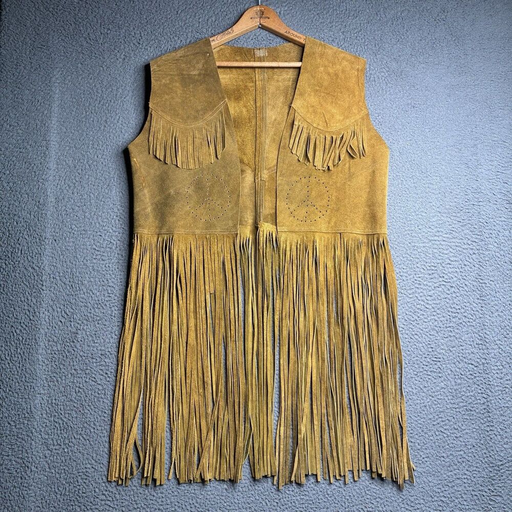VTG 70s Suede Fringe Vest Festival Boho Hippie Leather Long Peace Sign